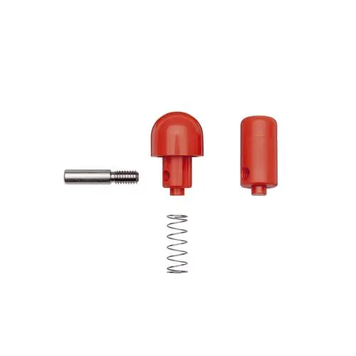 Teile eines Thermostatgriffs in Rot, bestehend aus zwei Kappen, einer Feder und einem Metallstift, hergestellt von Hansgrohe.