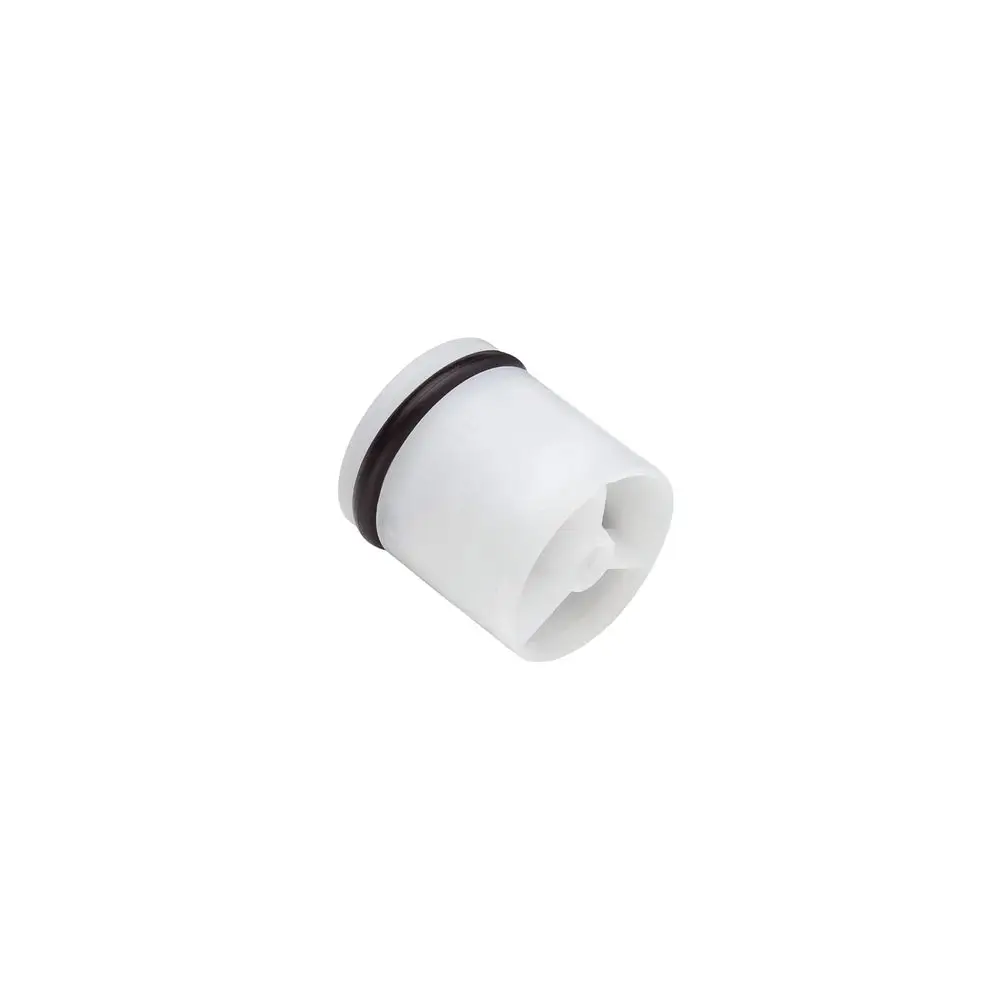 Runde, weiße Patrone mit schwarzem O-Ring, hergestellt von Hansgrohe. Verhindert Rückfluss in Wasserinstallationen.