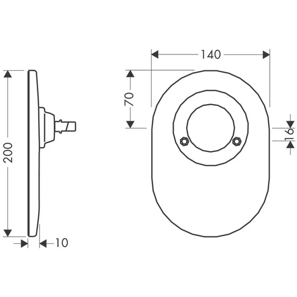 Technische Zeichnung eines Unterputz-Brausenmischers von Hansgrohe, mit maßlichen Angaben und einem ovalen Design.