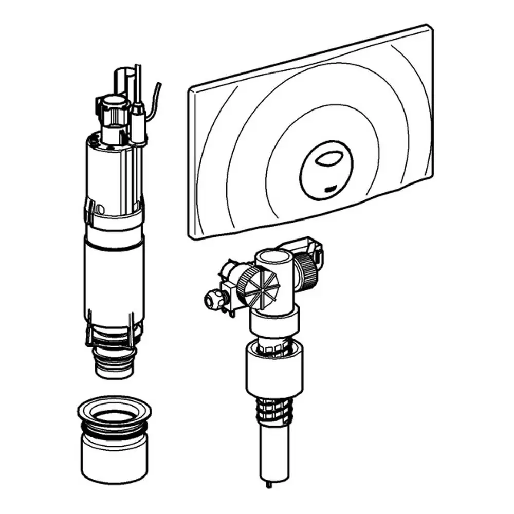 GROHE Umrüstset mit verschiedenen Komponenten, darunter ein Spülkasten und mechanische Teile, dargestellt in technischer Ansicht ohne farbliche Gestaltung.