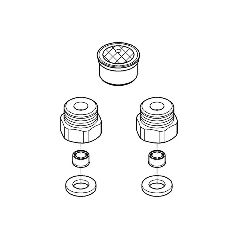 Schematik eines Grohe Wasserspar-Sets, bestehend aus verschiedenen Komponenten wie Adapter, Dichtungen und einem Filter, zur Regulierung des Wasserflusses.