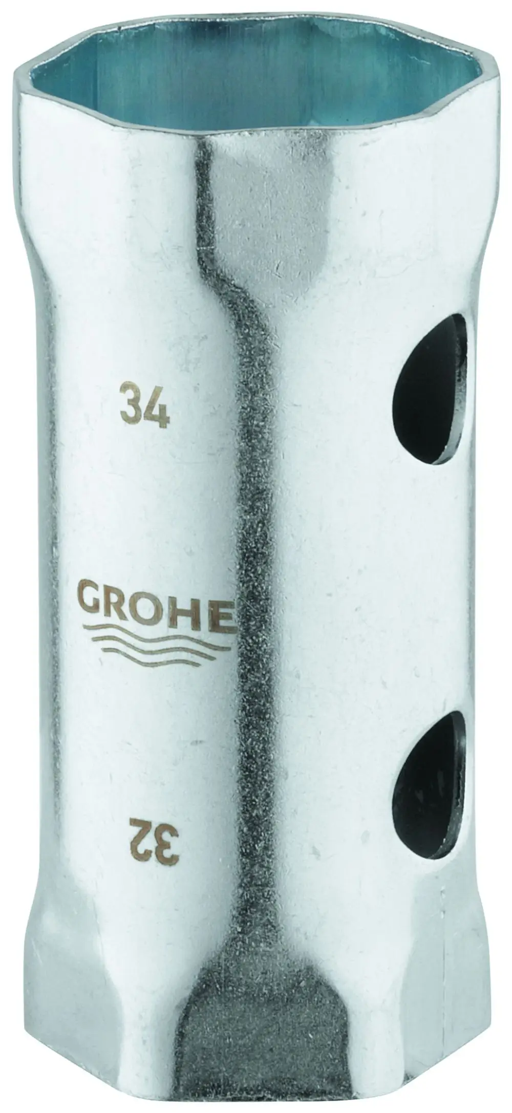 Chromfarbener Steckschlüssel mit Aussparungen, graviert mit der Marke Grohe. Er hat eine sechseckige Form und ist für verschiedene Anwendungen in der Haustechnik geeignet.