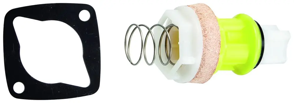 GROHE Kolben für Urinal-Spüler, bestehend aus weißem Kunststoff mit gefedertem Innenmechanismus und einer Dichtung aus braunem Material. Gehäuseplatte in Schwarz.