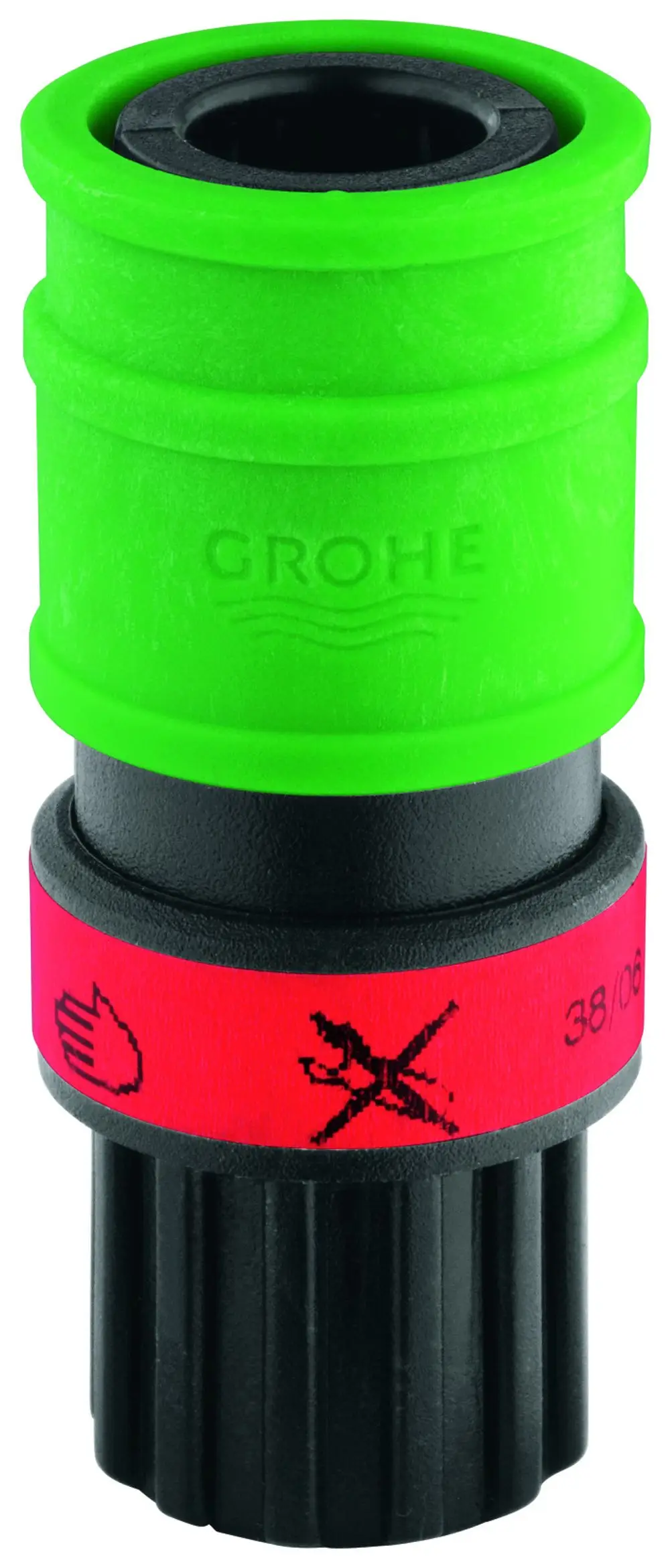 Grüne Schnappkupplung von Grohe für Küchenarmaturen, mit schwarzem Unterteil und roten Markierungen, die mögliche Anweisungen oder Warnhinweise zeigen.