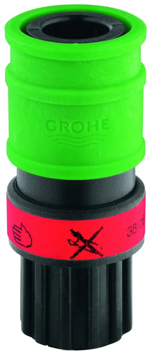 Grüne Schnappkupplung von Grohe für Küchenarmaturen, mit schwarzem Unterteil und roten Markierungen, die mögliche Anweisungen oder Warnhinweise zeigen.