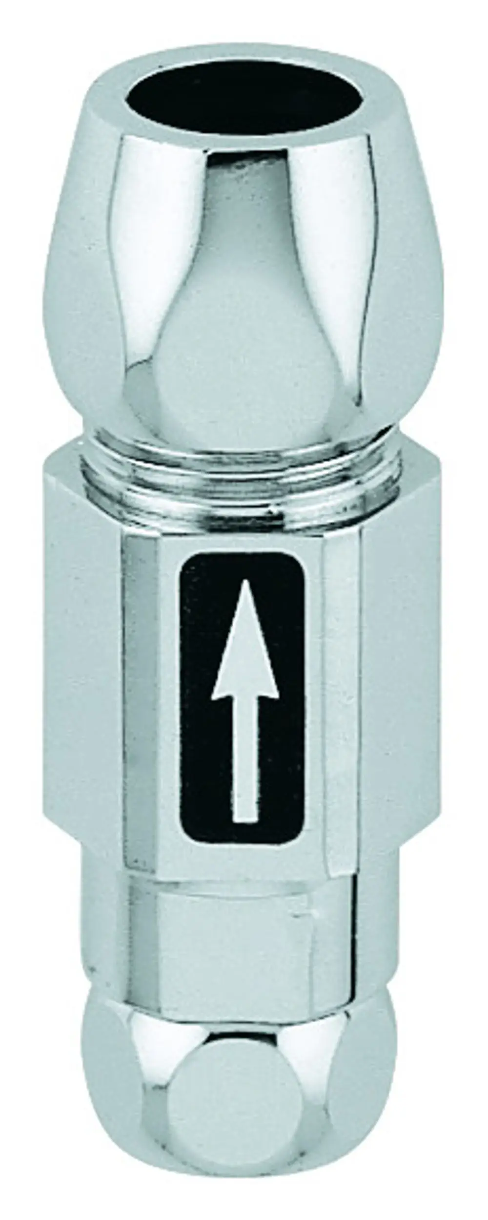 Grohe Rückflussverhinderer in verchromter Ausführung, zylindrische Form mit einem Pfeil-Symbol zur Richtungserkennung, geeignet für Eckventile.