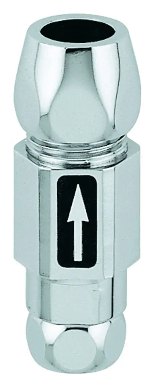 Grohe Rückflussverhinderer in verchromter Ausführung, zylindrische Form mit einem Pfeil-Symbol zur Richtungserkennung, geeignet für Eckventile.