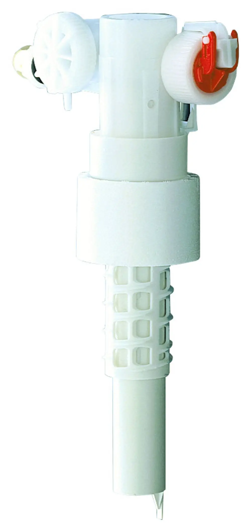 Weißes Füllventil mit integrierter Abdeckung und Drossel, präsentiert in einer kompakten Bauform, hergestellt von Grohe.