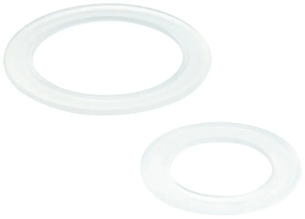 Zwei transparente Dichtungen von Grohe, eine größere und eine kleinere, für Spülkästen. Sie haben einen klaren, runden Rand und sind für Abdichtungen konzipiert.