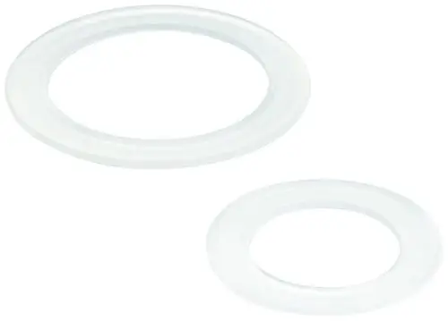 Zwei transparente Dichtungen von Grohe, eine größere und eine kleinere, für Spülkästen. Sie haben einen klaren, runden Rand und sind für Abdichtungen konzipiert.
