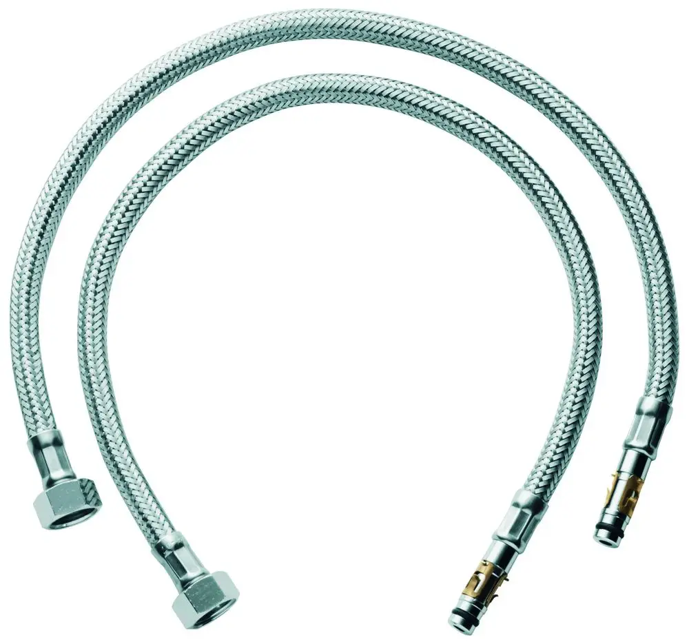 Zwei flexible Druckschläuche von Grohe mit metallischer Ummantelung, jeweils mit einem Anschluss am Ende. Ideal für Wasseranschlüsse in Sanitärinstallationen.