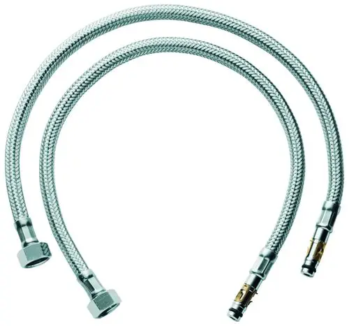 Zwei flexible Druckschläuche von Grohe mit metallischer Ummantelung, jeweils mit einem Anschluss am Ende. Ideal für Wasseranschlüsse in Sanitärinstallationen.