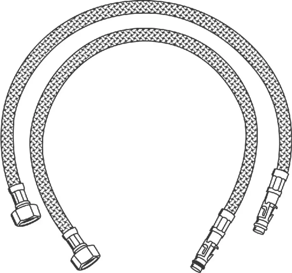 Zwei flexible Druckschläuche mit geflochtenem Design, jeweils mit einem Gewindeanschluss an beiden Enden, typischerweise von Grohe für Sanitärinstallationen verwendet.