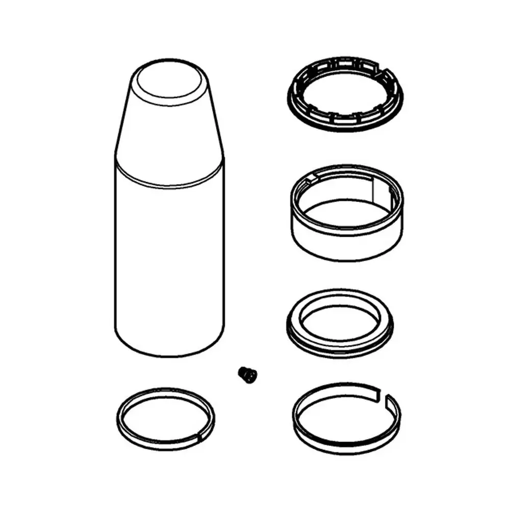 GROHE Dichtungssatz, bestehend aus zylindrischem Element und mehreren Dichtungsringen sowie einer Schraube, angeordnet auf neutralem Hintergrund.
