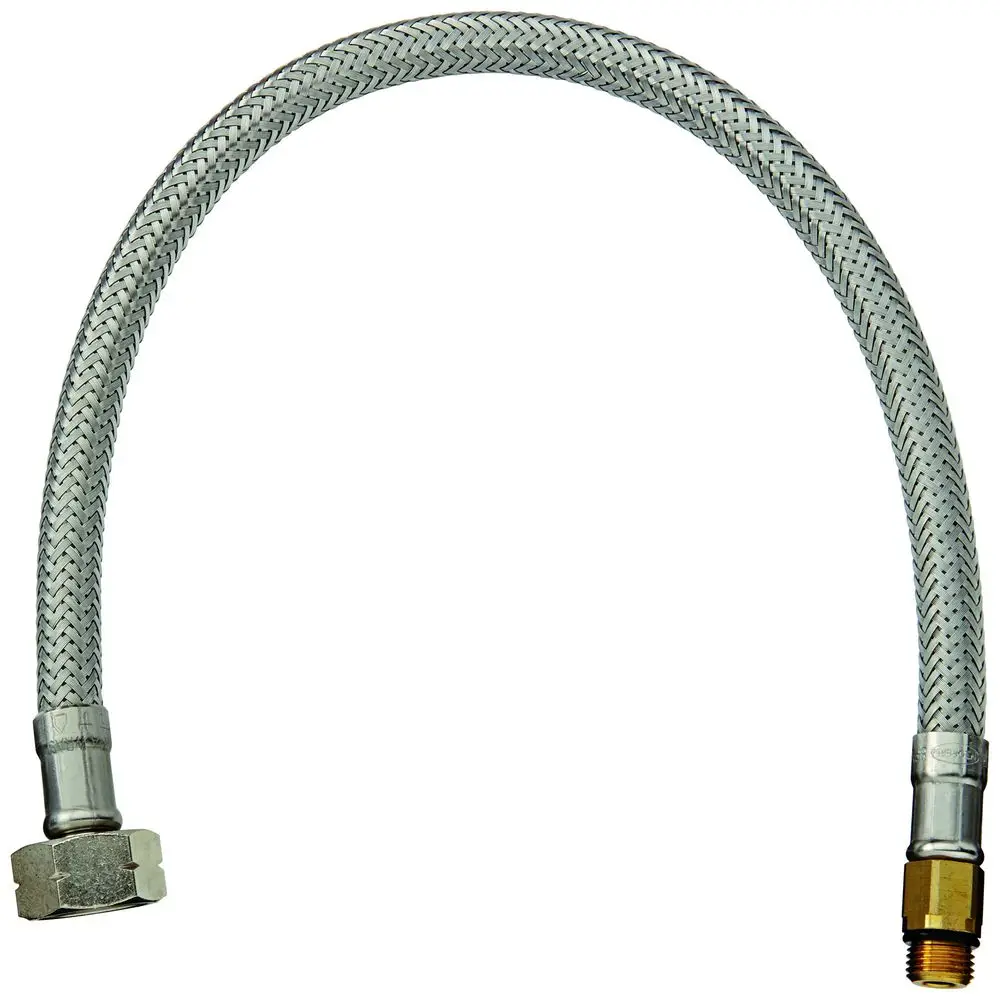 Flexibler Druckschlauch mit verchromter Oberfläche und zwei Anschlussgewinden, eines mit M10x1 und das andere mit M15x1, passend für Grohe Produkte.