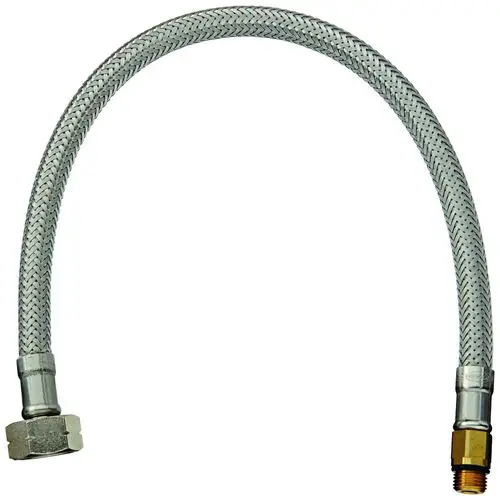 Flexibler Druckschlauch mit verchromter Oberfläche und zwei Anschlussgewinden, eines mit M10x1 und das andere mit M15x1, passend für Grohe Produkte.