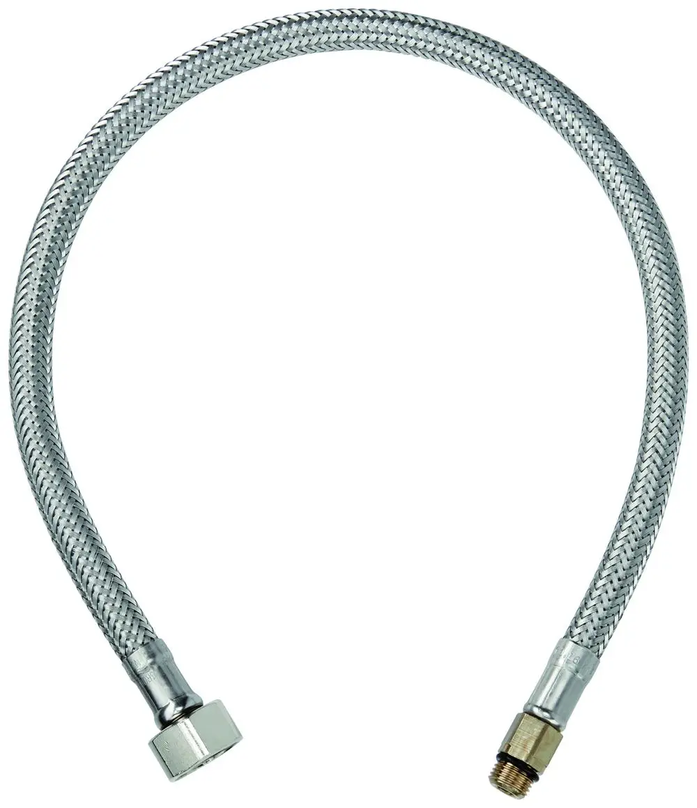Flexibler Druckschlauch aus chromisiertem Material mit zwei unterschiedlichen Anschlussenden, einer mit Mutter und einer mit Gewinde. Produkt von Grohe.
