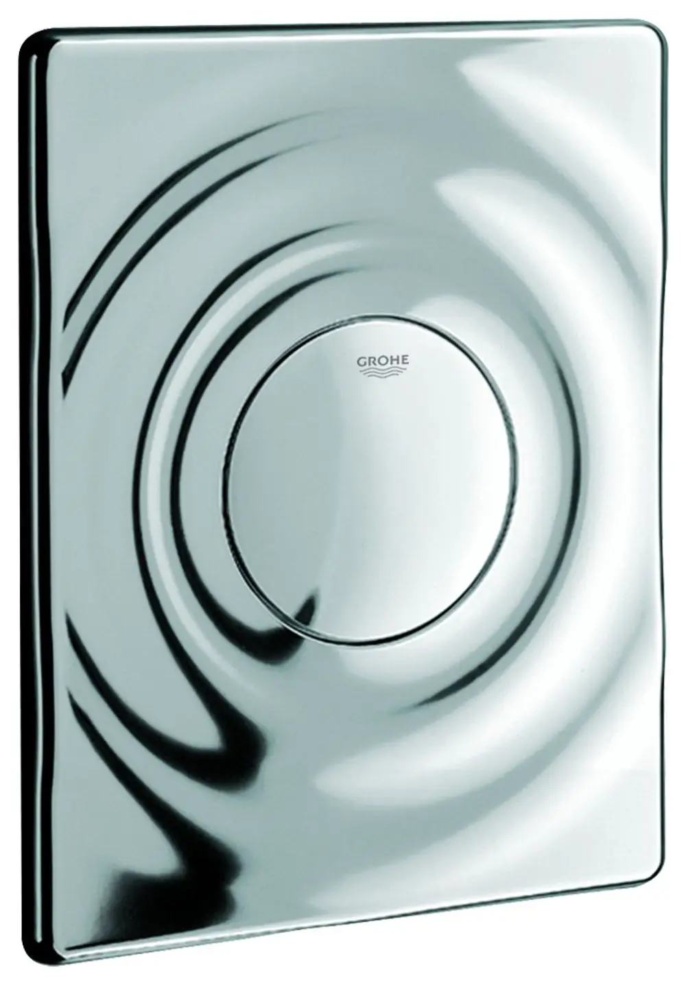 GROHE Betätigungselement in chrom für WC mit Druckknopf, quadratische Form und gewelltem Design, montiert an einer Wand.