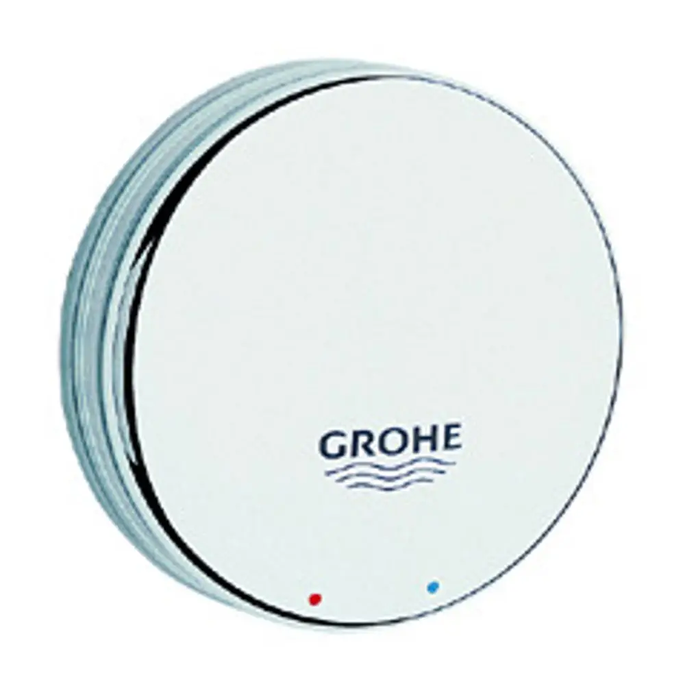 Runde Abdeckkappe in Chromoptik mit dem Logo von Grohe, ausgestattet mit rot-blauen Kennzeichnungen für Temperaturanzeige. Geeignet für die Montage auf einem Hebel.