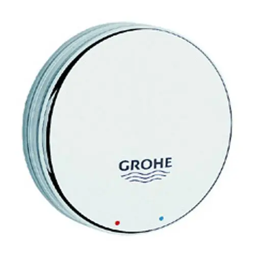 Runde Abdeckkappe in Chromoptik mit dem Logo von Grohe, ausgestattet mit rot-blauen Kennzeichnungen für Temperaturanzeige. Geeignet für die Montage auf einem Hebel.
