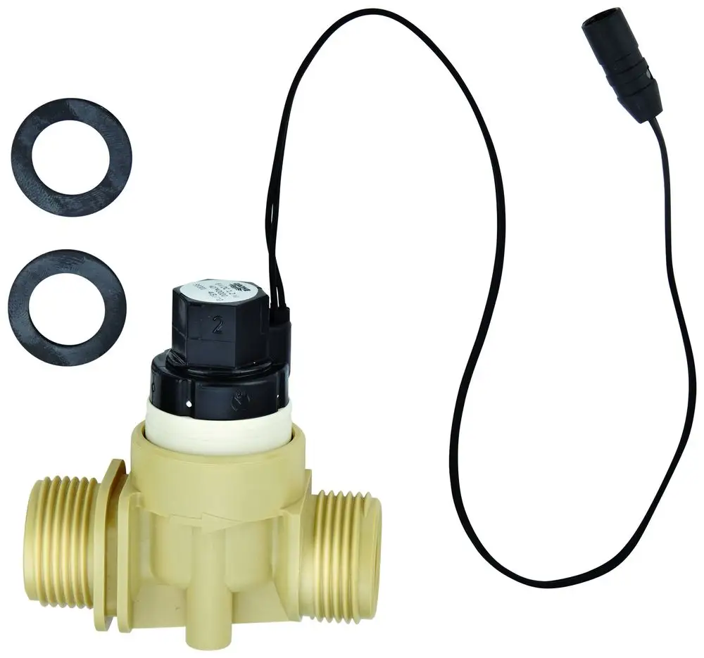 Magnetventil von Grohe mit zwei Anschlussgewinden, einer elektrischen Verbindung und zwei Dichtungen im Bild. Ideal für die Steuerung von Wasserfluss in elektronischen Anlagen.