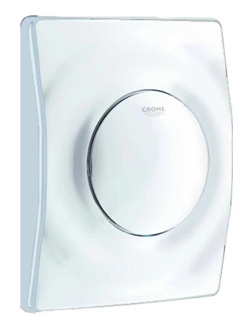 Verchromte Betätigungsplatte von Grohe für Urinal mit runder Betätigungstaste und gewellter Randgestaltung, montiert auf einem hellen Hintergrund.