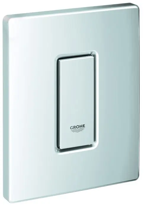 Grohe Abdeckplatte mit Drucktaste in chromfarbener Ausführung, rechteckige Form und quadratische Taste in der Mitte, für die Wandmontage geeignet.
