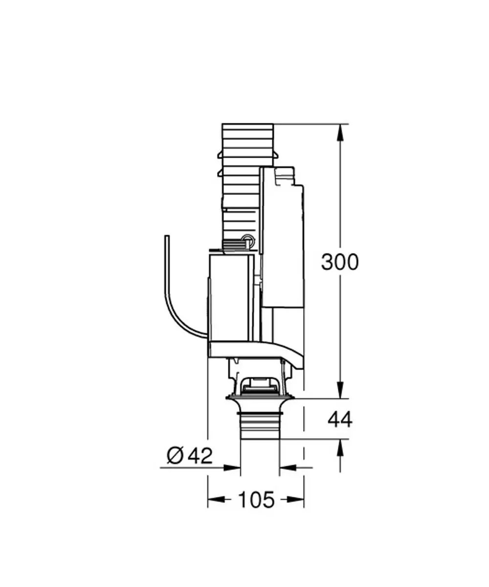 Schemazeichnung eines Grohe Umrüstsets mit Maßangaben und einer seitlichen Ansicht. Das Produkt zeigt einen Verbindungstyp für einen Spülkasten.
