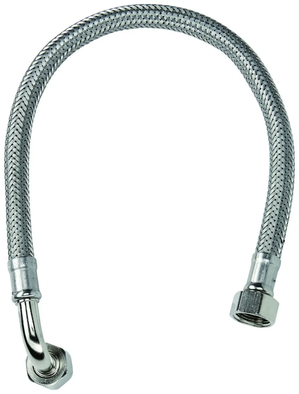 Flexibler Stahlmantelschlauch von Grohe mit gewinkeltem Anschluss und einem geraden Anschluss, geeignet für Wasserinstallationen.
