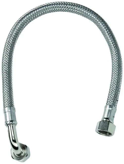 Flexibler Stahlmantelschlauch von Grohe mit gewinkeltem Anschluss und einem geraden Anschluss, geeignet für Wasserinstallationen.
