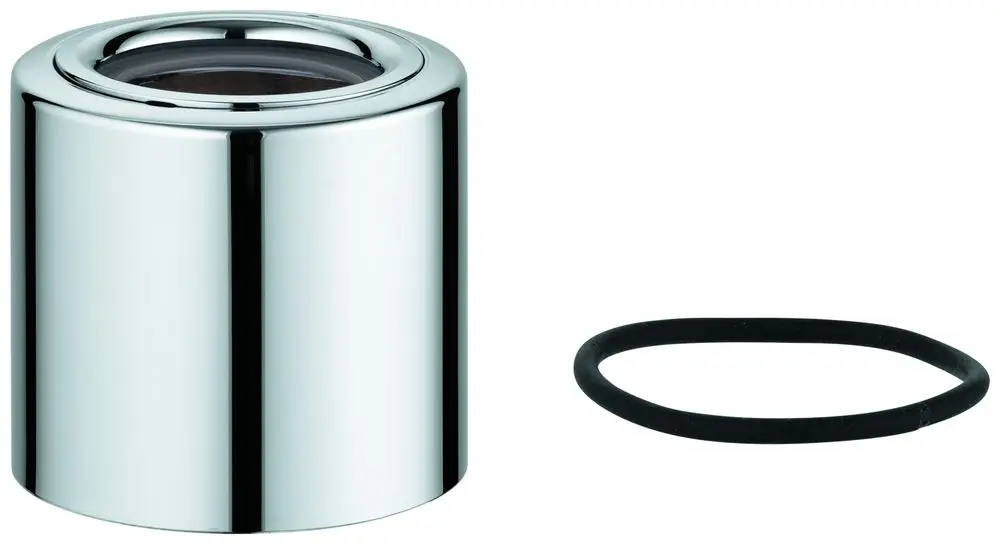 GROHE Kappe in glänzendem Chrom-Finish, zylindrische Form mit einem Gummiring daneben. Das Produkt dient als Abdeckung oder Schutz für Sanitäranlagen.