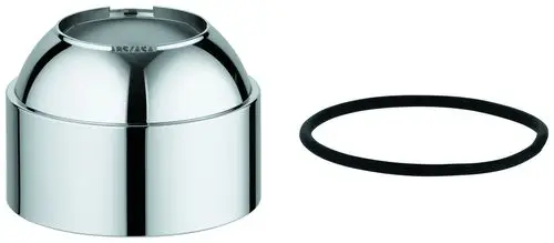 Grohe Kappe aus Chrom für Einhand-Spültischbatterien, runde Form mit glatter Oberfläche, daneben ein schwarzes Gummi-O-Ring.