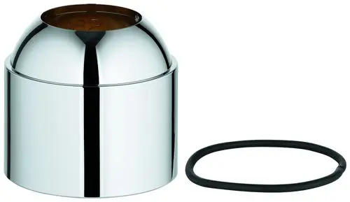 GROHE Kappe mit glänzender Oberfläche und runder Form, neben einer schwarzen Gummi-Dichtung, auf hellem Hintergrund.