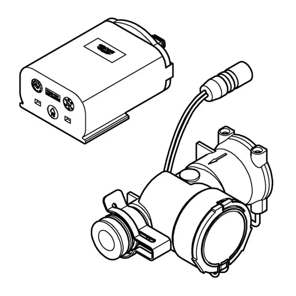 Grohe Generator abgebildet, bestehend aus einem kompakten Gehäuse und einem Verbindungselement. Das Gerät zeigt Anschluss- und Funktionssymbole auf der Vorderseite.