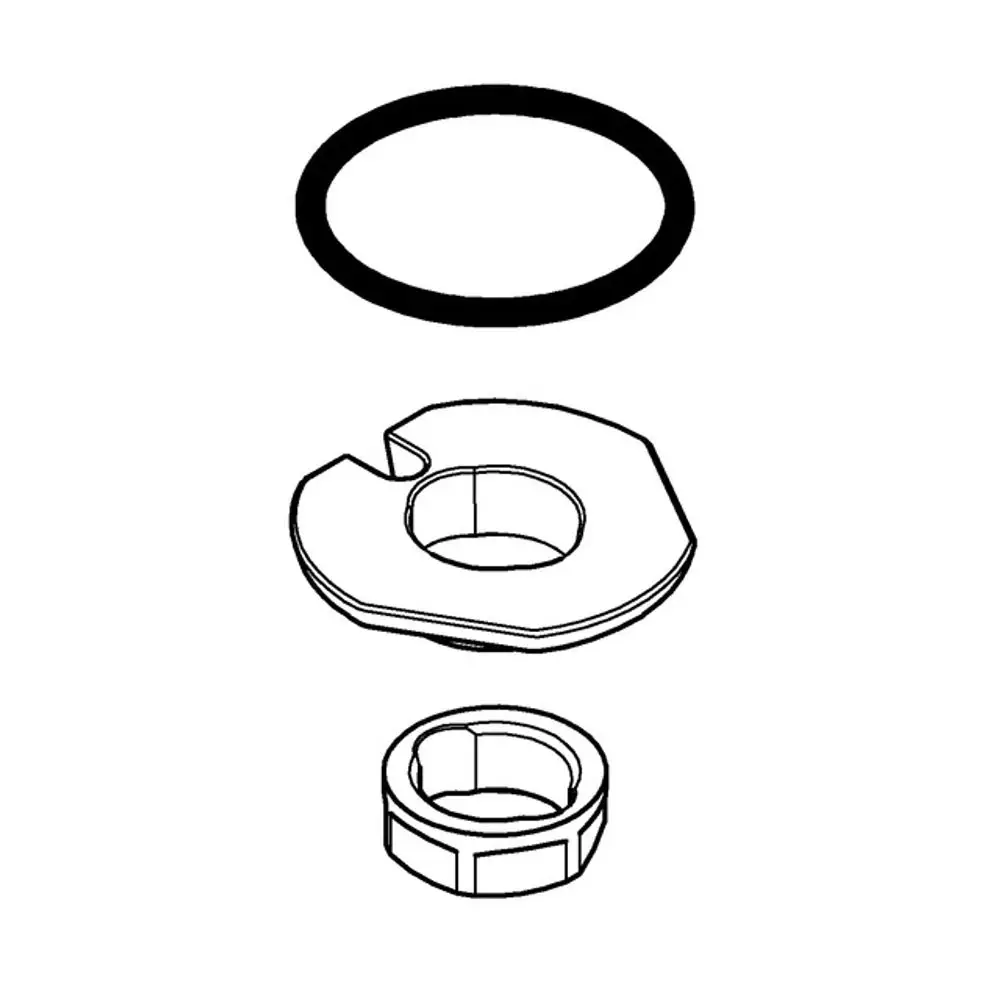 Drei verschiedene Teile einer Grohe Verschraubung, darunter eine Dichtung, eine flache Unterlegscheibe und ein kleiner Anschluss, schematisch angeordnet.