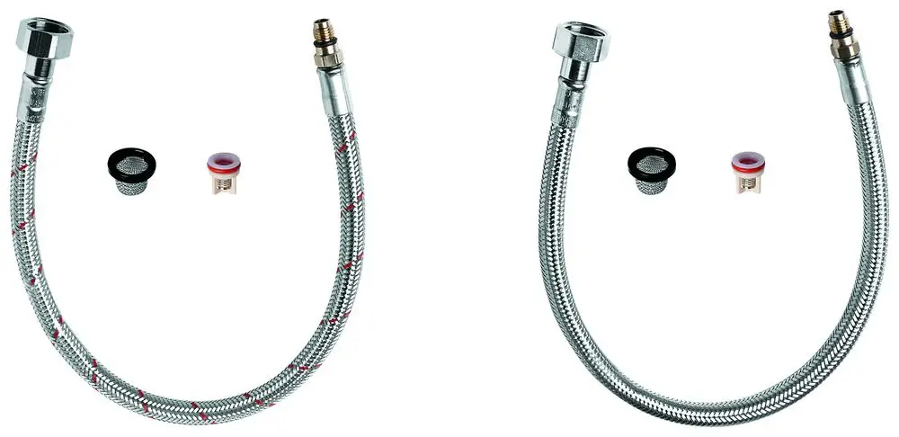 Zwei flexible Anschlussschläuche von Grohe mit einem metallenen äußeren Gewebe, einem Anschlussstück und Zubehörteilen wie Dichtungen und Sieb.