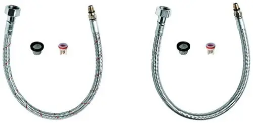 Zwei flexible Anschlussschläuche von Grohe mit einem metallenen äußeren Gewebe, einem Anschlussstück und Zubehörteilen wie Dichtungen und Sieb.