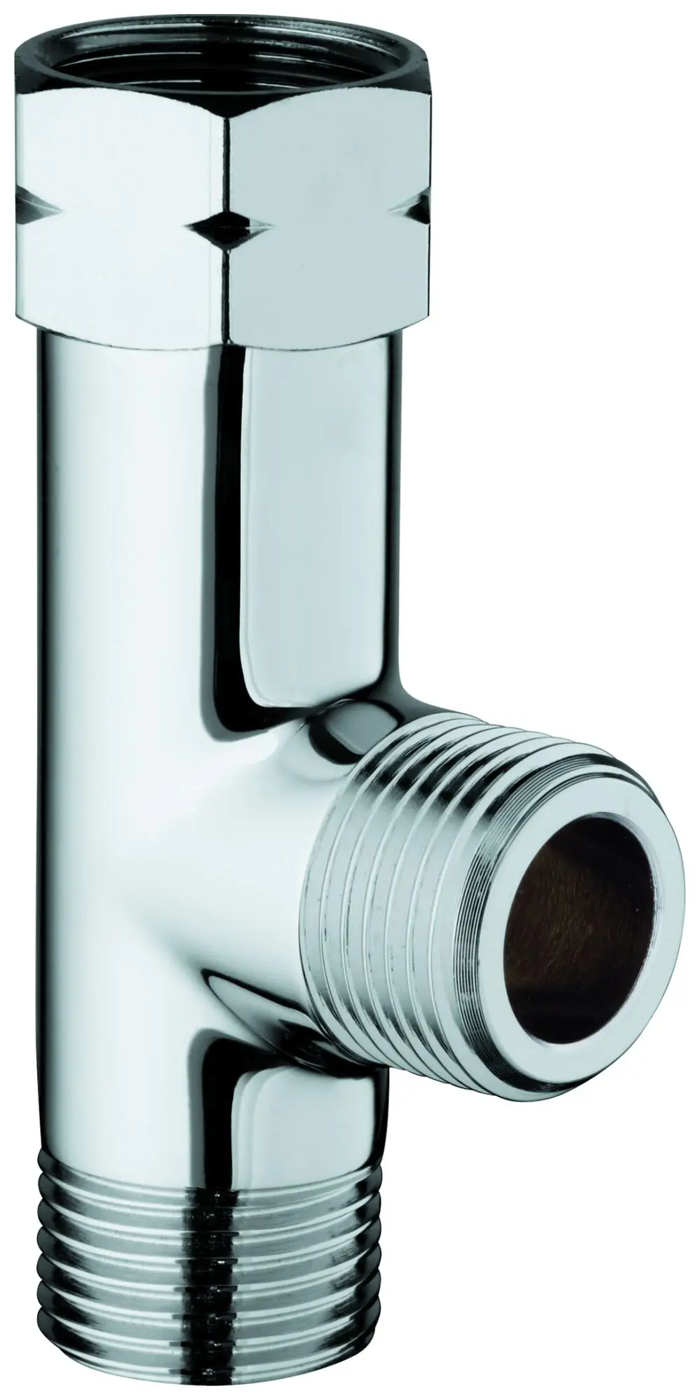 Grohe Verteilerstück mit zwei Anschlussgewinden, einem geraden Anschluss und einem seitlichen Abgang. Das Material ist glänzend und hat eine glatte Oberfläche.