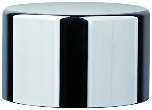 Polierter chromfarbener Druckknopf von Grohe mit einer zylindrischen Form und glatter Oberfläche.