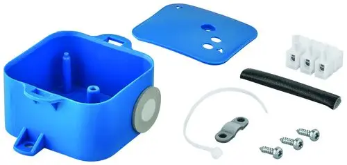 Grohe Trafo-Anschlussbox in Blau, bestehend aus einem quadratischen Gehäuse, einer Abdeckung, elektrischen Anschlüssen und Montagematerial.
