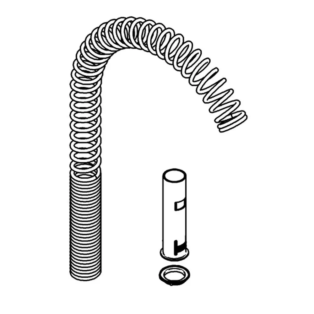 Feder von Grohe mit spiralförmigem Design, ergänzt durch ein zylindrisches Element und eine Unterlegscheibe. Teile sind in typischer technischer Darstellung angeordnet.
