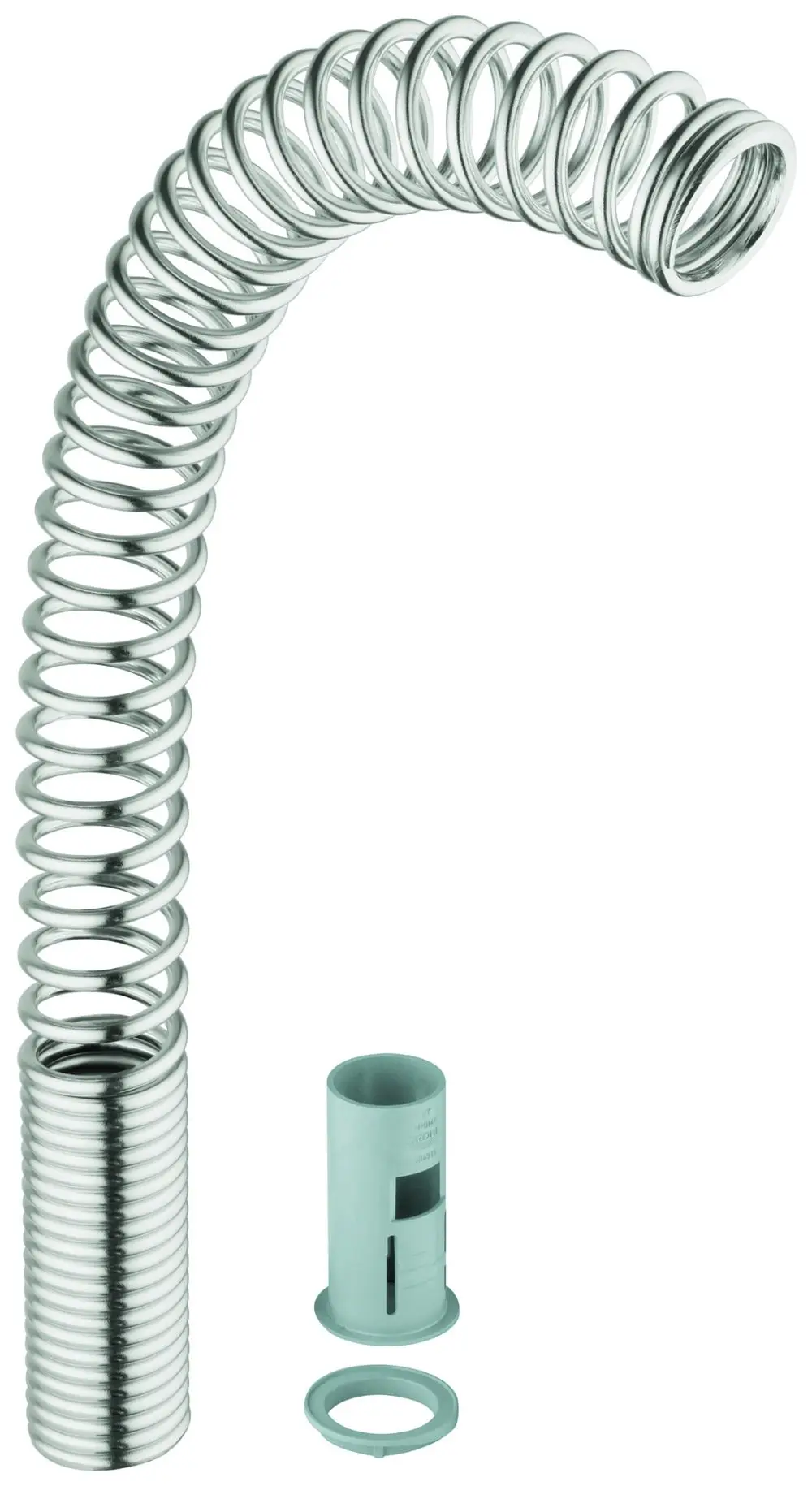 Edelstahlfeder von Grohe in spiralförmigem Design, daneben ein Einsatz und ein Ring aus Kunststoff, zur Verwendung in sanitären Anlagen.