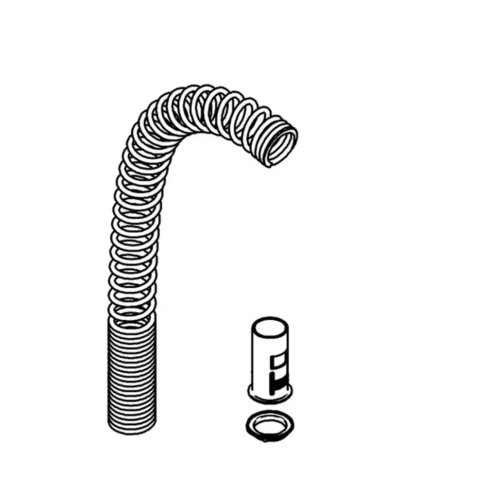 Edelstahlfeder von Grohe, spiralförmig, zusammen mit zylindrischem Bestandteil und Unterlegscheibe angeordnet, auf weißem Hintergrund.