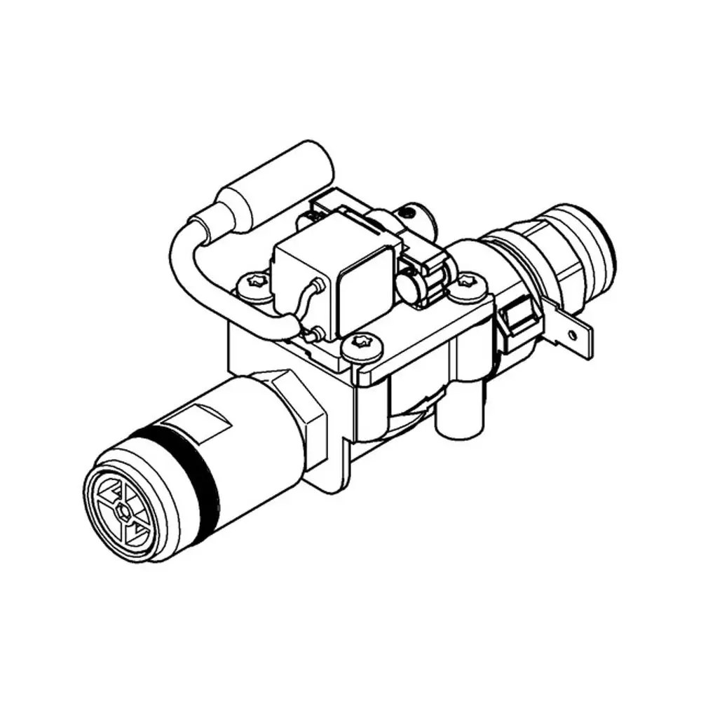 Grohe Magnetventil, schematische Darstellung. Es zeigt die Hauptkomponenten, einschließlich der elektrischen Anschlüsse und der Ventilstruktur.