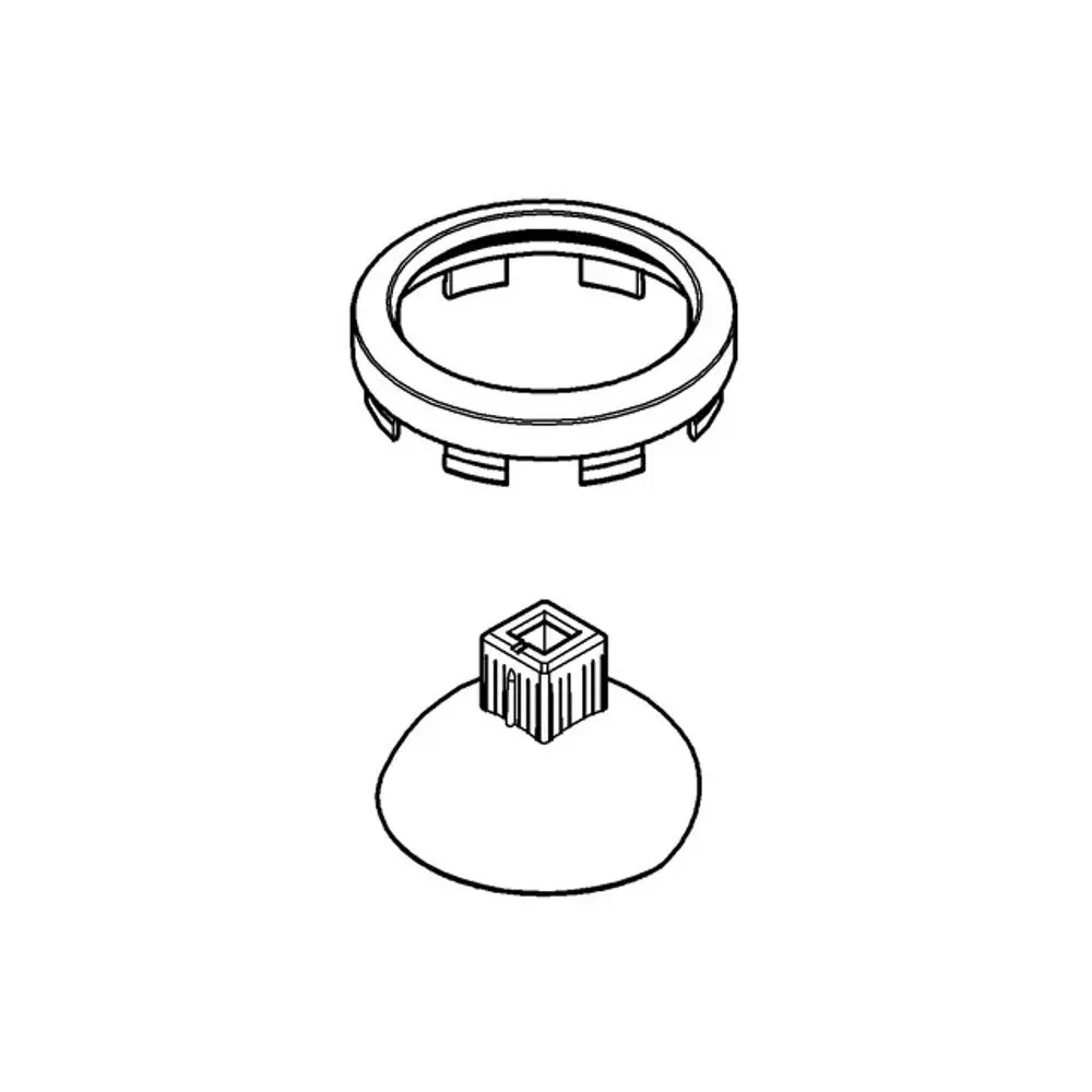 Abdeckelement von Grohe, bestehend aus einem ringförmigen Teil und einem zentralen Element mit quadratischem Ausschnitt. Beide Teile sind in einem technischen Design dargestellt.