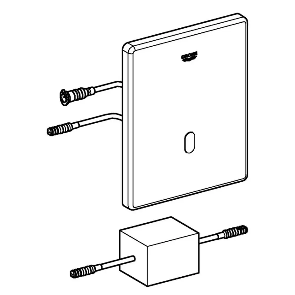 Weiße Abdeckplatte mit zwei Anschlüssen, die von der Marke Grohe stammt. Die Platte hat eine einfache rechteckige Form und ist für die Installation gedacht.