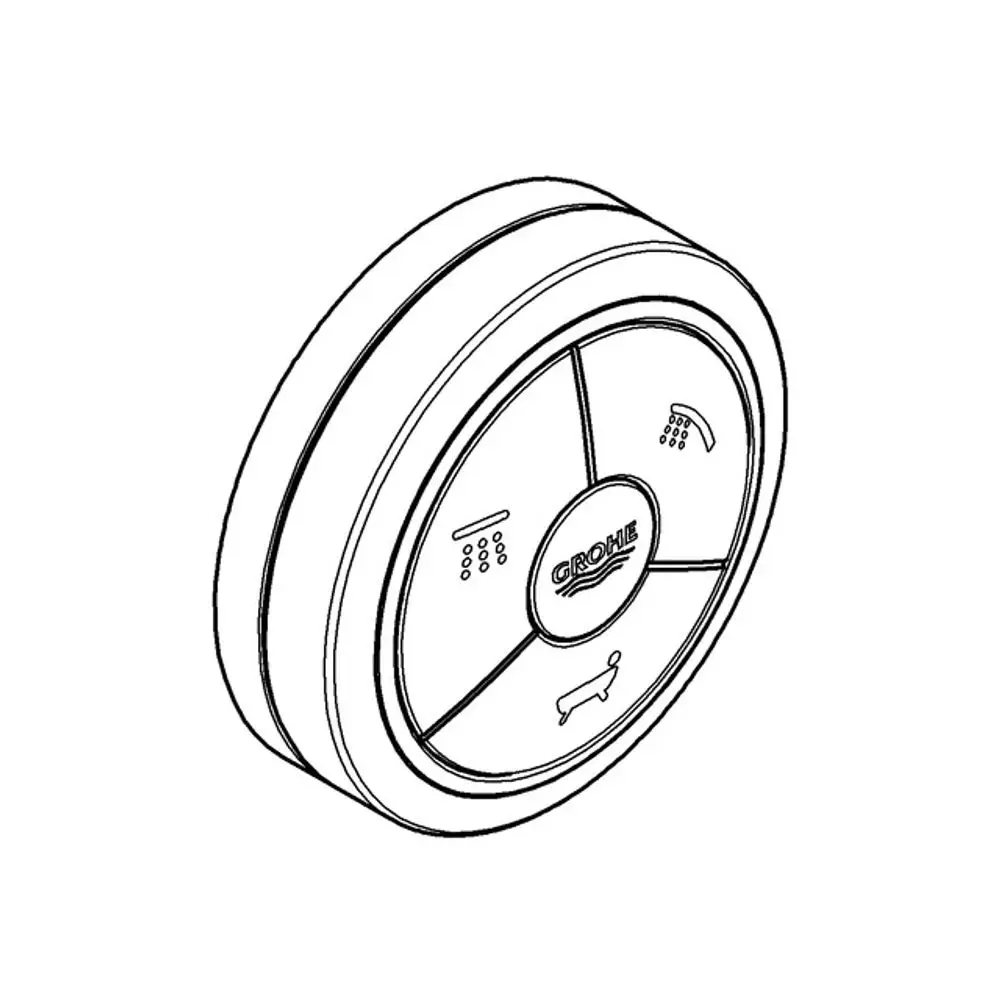 Fernbedienung von Grohe mit mehreren Tasten und symbolischen Darstellungen, die auf verschiedene Funktionen hinweisen. Runde, flache Form mit einem zentralen Logo.