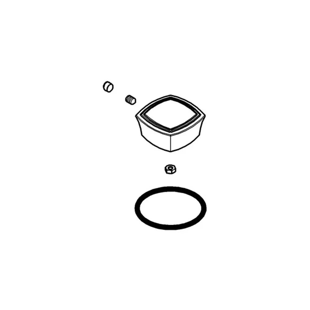 Grohe Umstellknopf in chrom, bestehend aus einer quadratischen Abdeckung, einer Dichtung und zwei Befestigungselementen, in einer schematischen Darstellung.