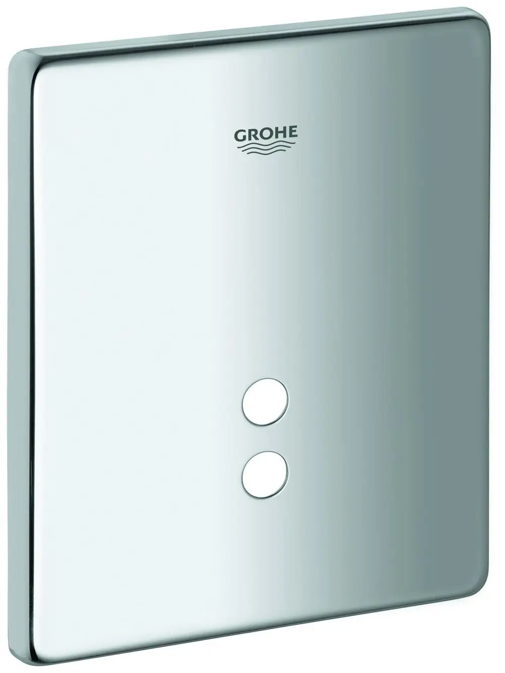Spiegelnde Abdeckplatte aus Chrom mit zwei Druckknöpfen, gefertigt von Grohe. Die Platte ist quadratisch mit abgerundeten Ecken.
