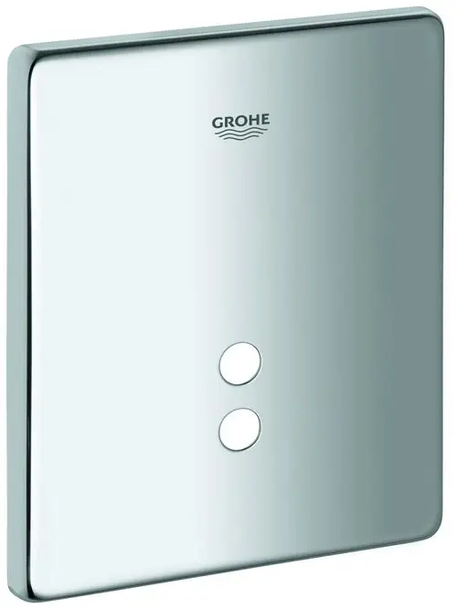 Spiegelnde Abdeckplatte aus Chrom mit zwei Druckknöpfen, gefertigt von Grohe. Die Platte ist quadratisch mit abgerundeten Ecken.